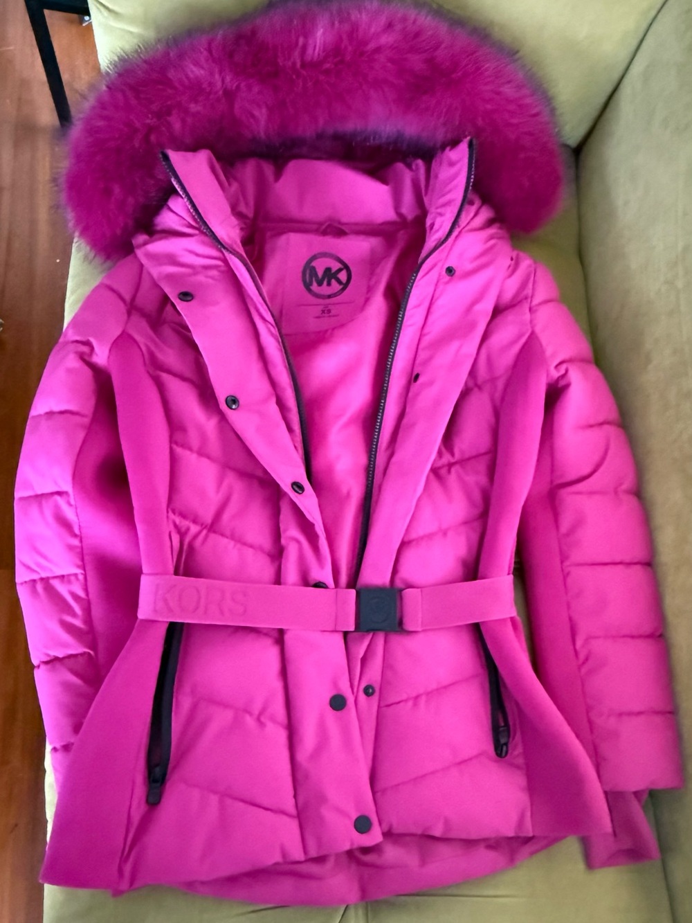 Michael Kors Hot Pink Quilted Belted Puffer with Fur-Trim Hood